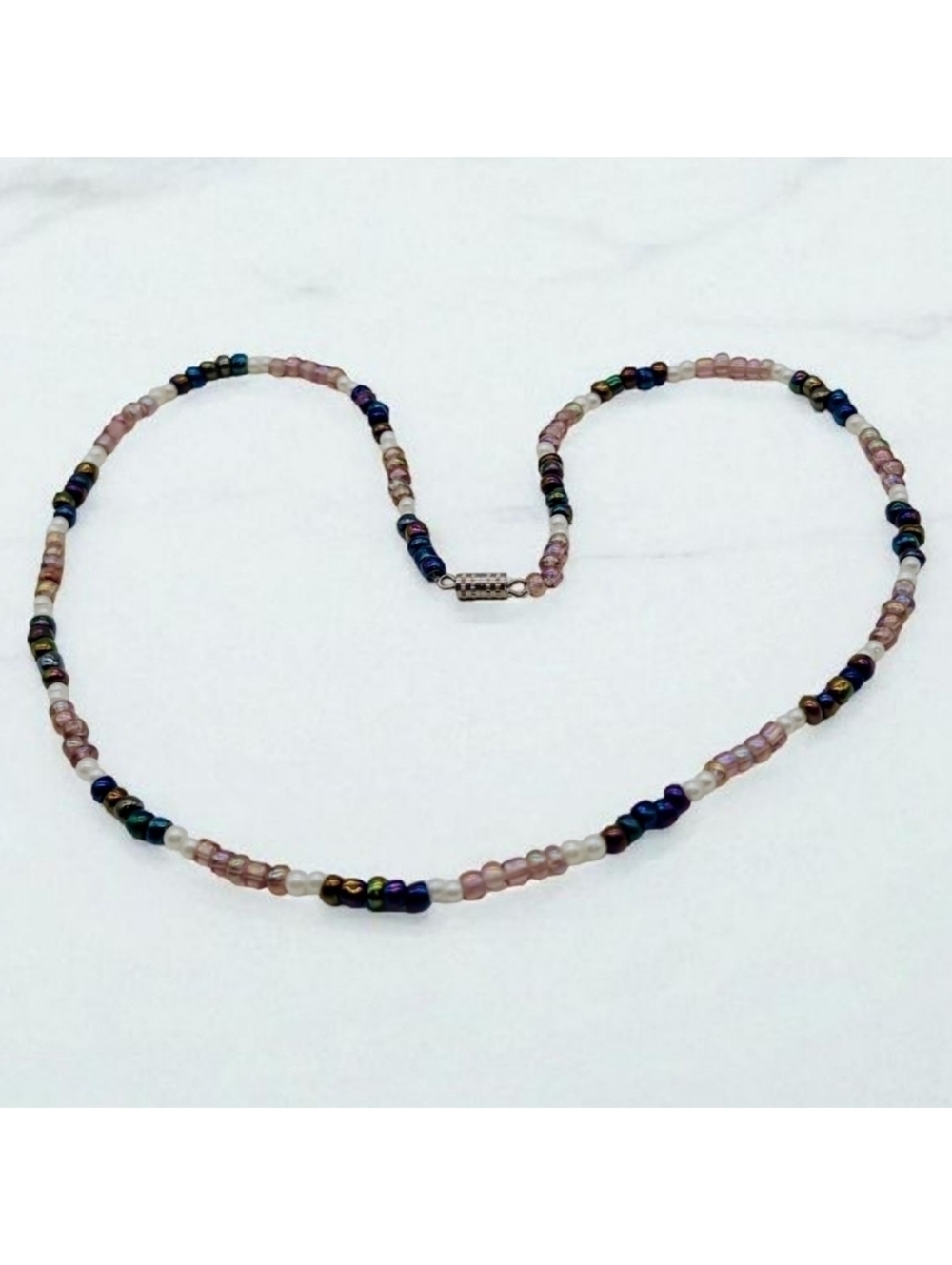 Colorblock Pink And Blue Multicolor Beaded Necklace 18in